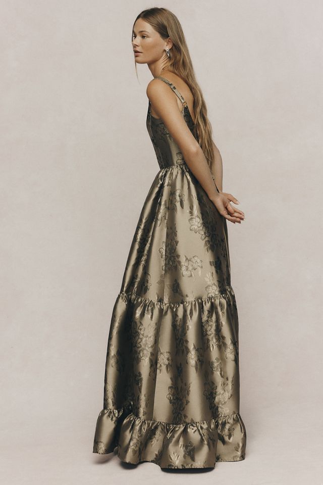 V. Chapman Avery Scoop-Neck Tiered Floral Brocade Maxi Dress #4