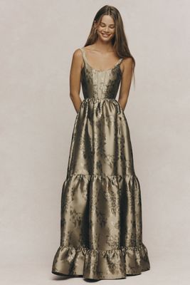 V. Chapman Avery Scoop-Neck Tiered Floral Brocade Maxi Dress