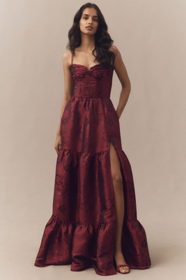 V. Chapman Lucetta Beaded Corset Tiered Brocade Maxi Dress In Burgundy