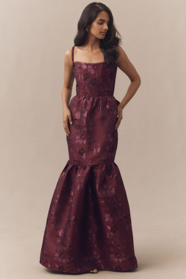 V. Chapman Cherie Off-shoulder Corset Brocade Maxi Dress In Burgundy