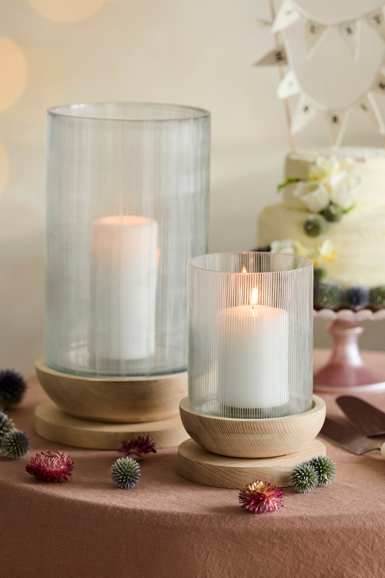 Etched Glass + Wood Hurricane - Clear, Standard