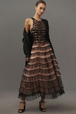 Sleeveless Halter Ruffled Tulle Midi Dress