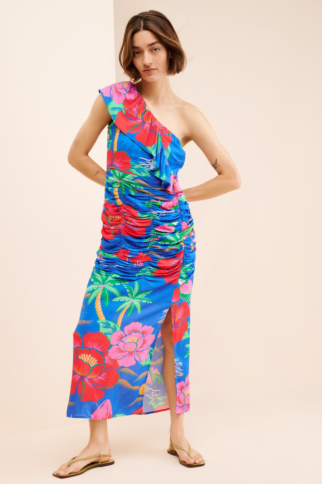 FARM Rio One Shoulder Ruched Midi Dress