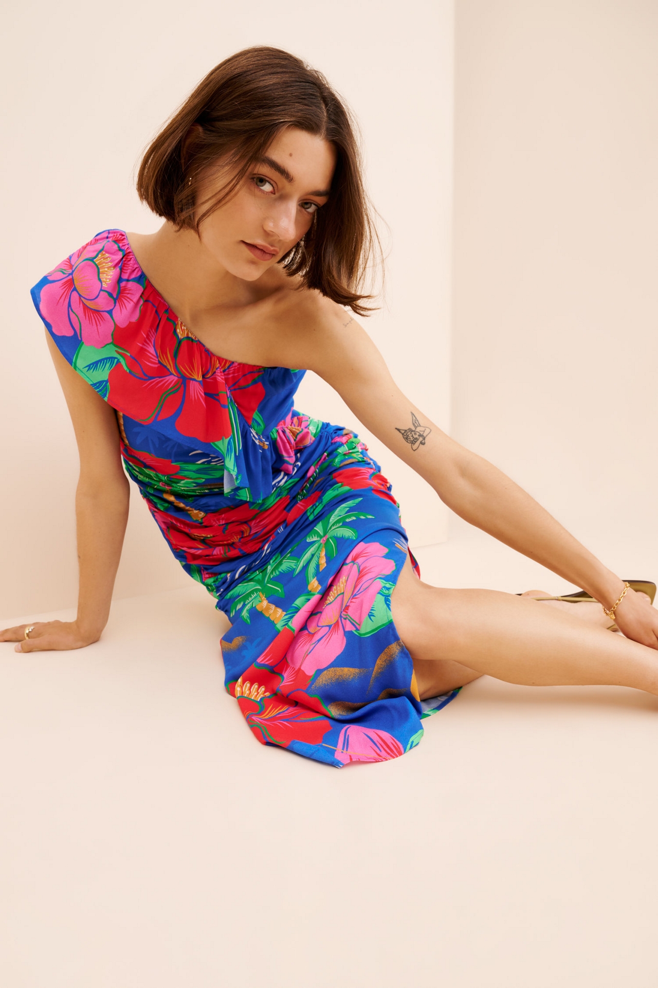 FARM Rio One Shoulder Ruched Midi Dress
