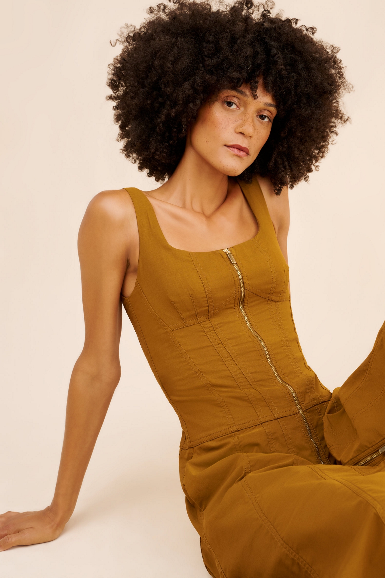 Sleeveless Zip-Front Belted Midi Dress