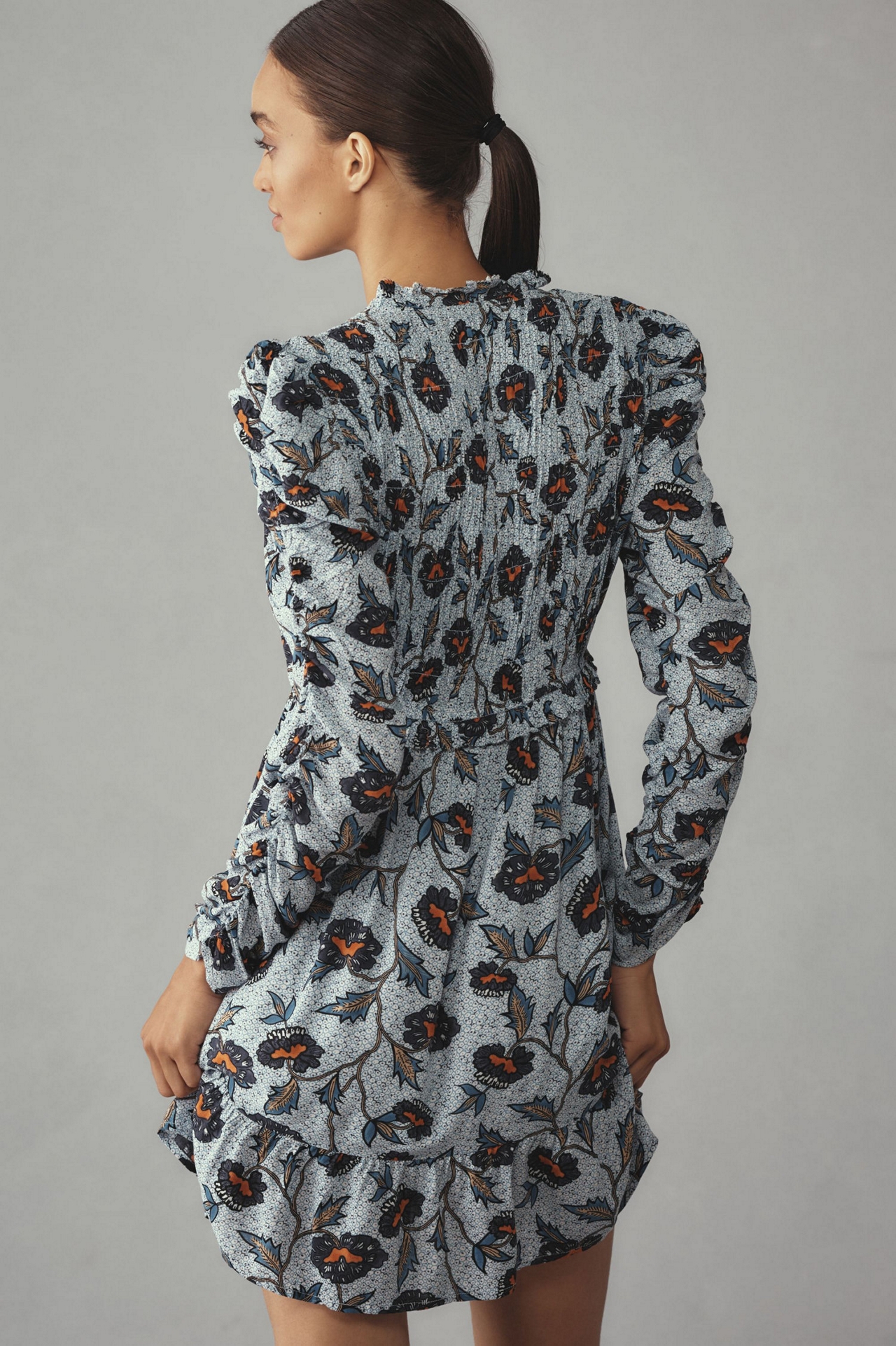 Long-Sleeve V-Neck Ruffle Mini Dress