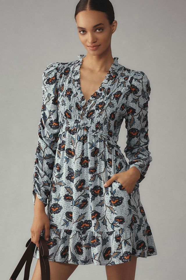 Long-Sleeve V-Neck Ruffle Mini Dress #3