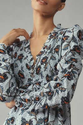 Long-Sleeve V-Neck Ruffle Mini Dress