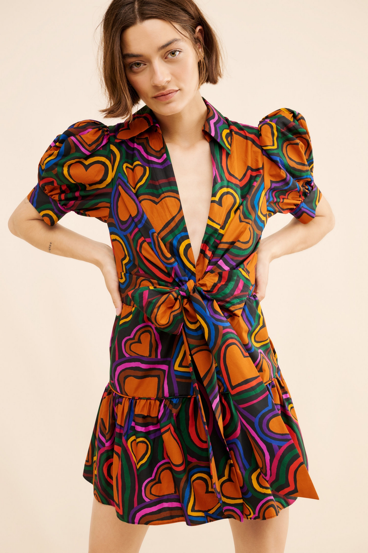 FARM Rio Short-Sleeve Bow-Front Mini Dress