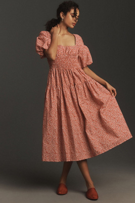 poplin smock midi dress Organic Cotton Poplin Smocked Midi Dress