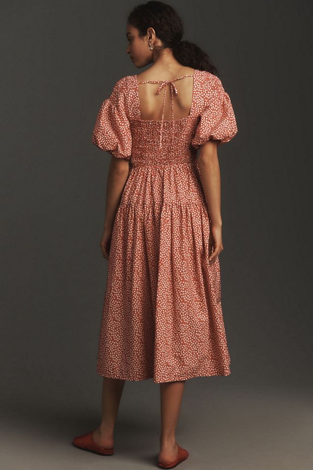 Puff-Sleeve Smocked Poplin Midi Dress #3
