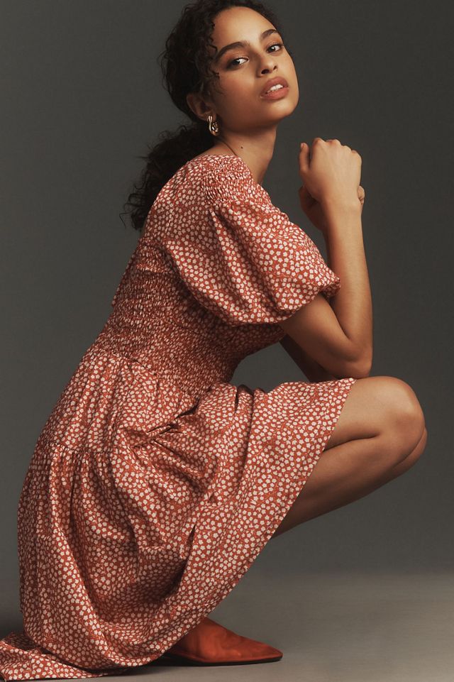 Puff-Sleeve Smocked Poplin Midi Dress #1