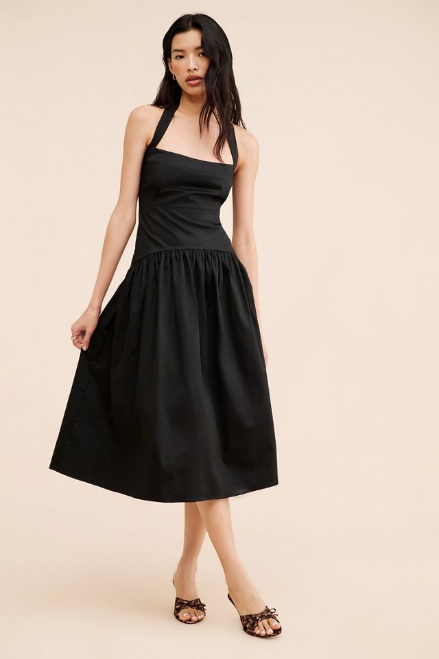 BHLDN Zetta Drop-Waist Satin Midi Dress