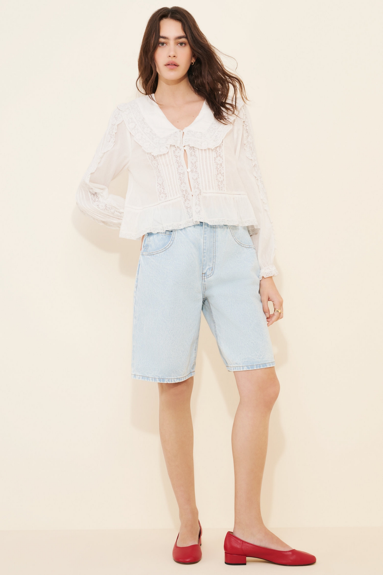 Never Fully Dressed Denim Scallop Pocket Long-Length Shorts