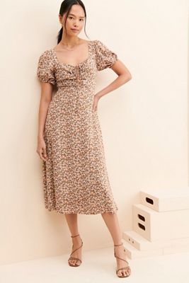 ASTR the Label Lace Up Puff Sleeve Midi Dress