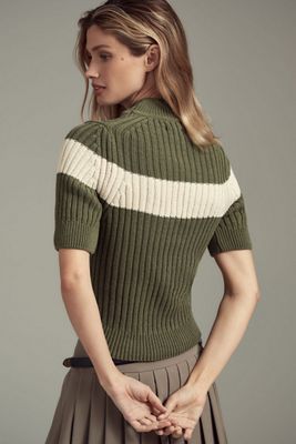 Pilcro Striped Short Sleeve Mock-Neck Sweater