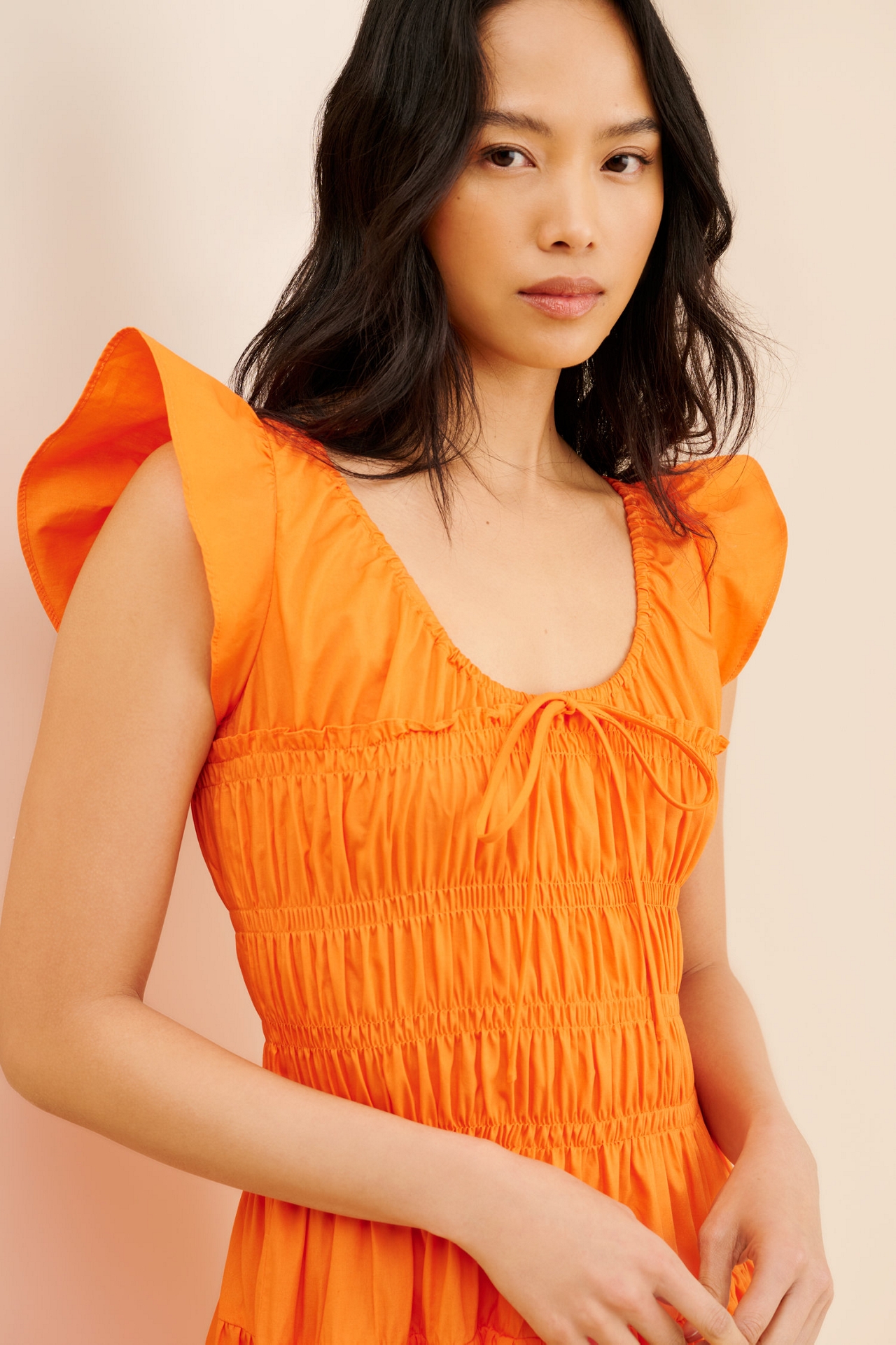Moon River Ruffle Sleeve Shirred Midi Dress