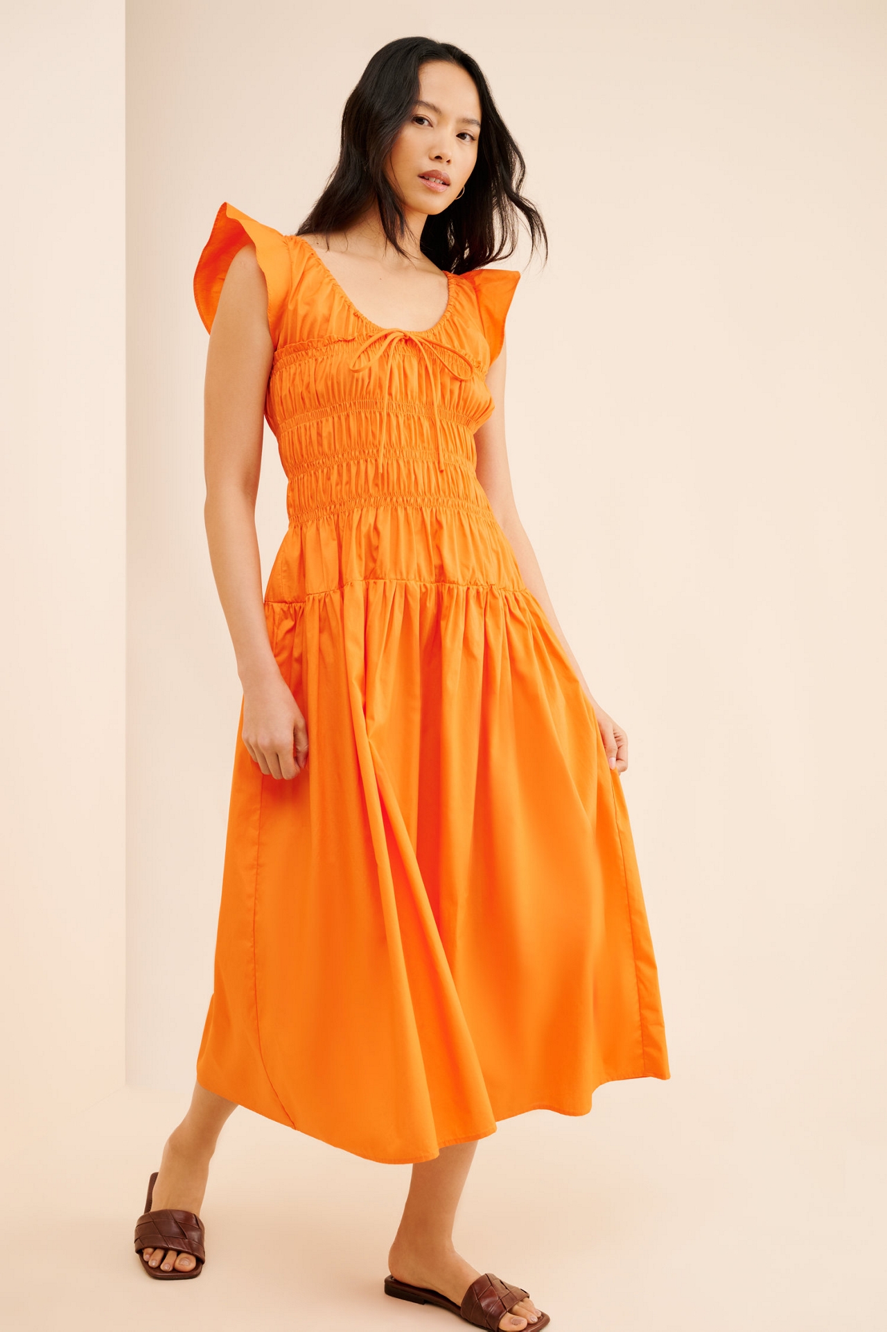 Moon River Ruffle Sleeve Shirred Midi Dress