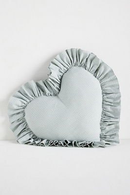 Anthropologie Gingham Cotton Ruffle Heart Cushion