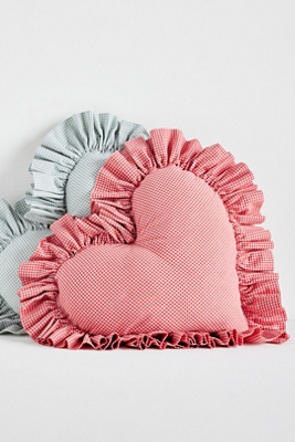 Gingham Cotton Ruffle Heart Pillow - Red