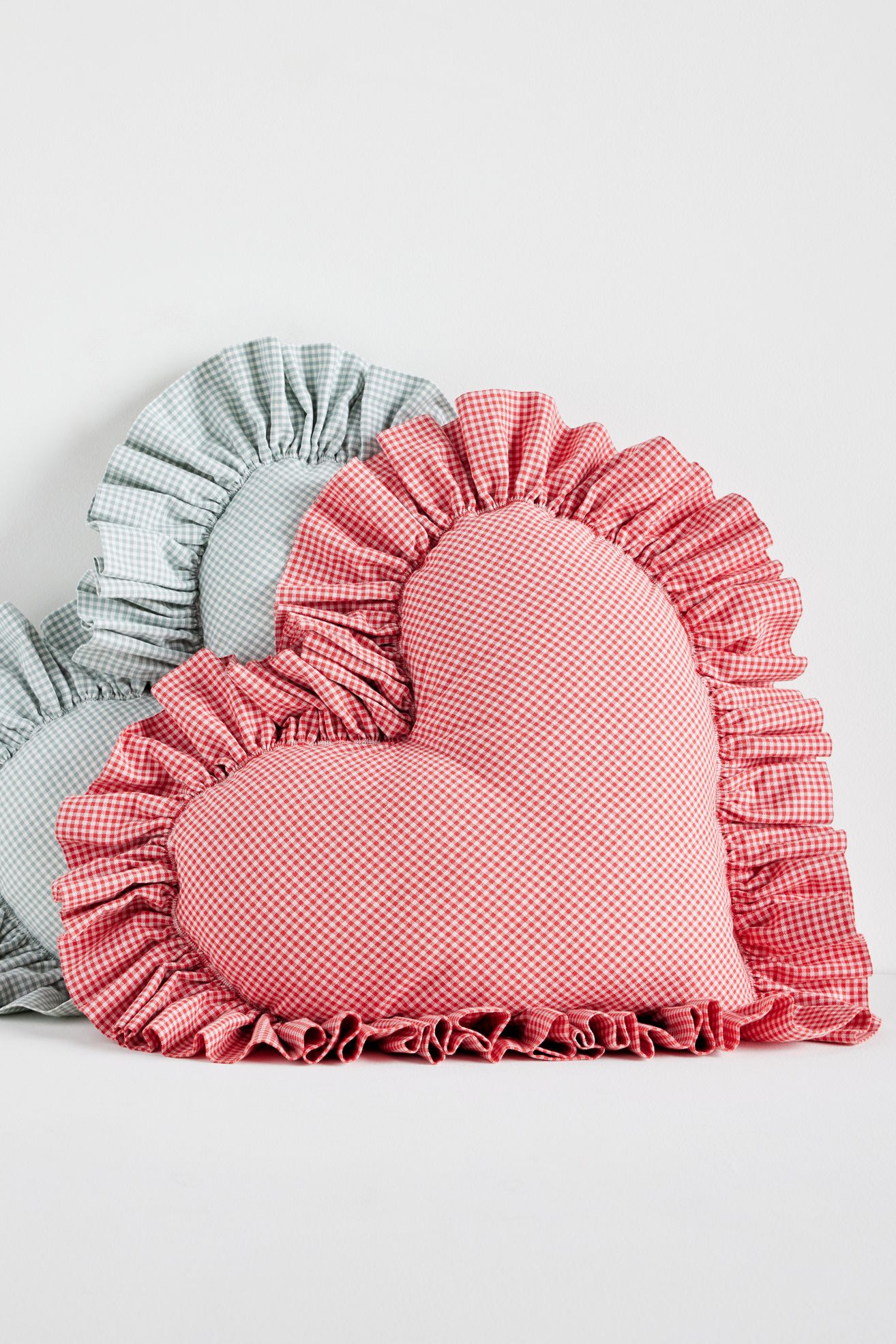 Gingham Cotton Ruffle Heart Cushion - Red, Shaped