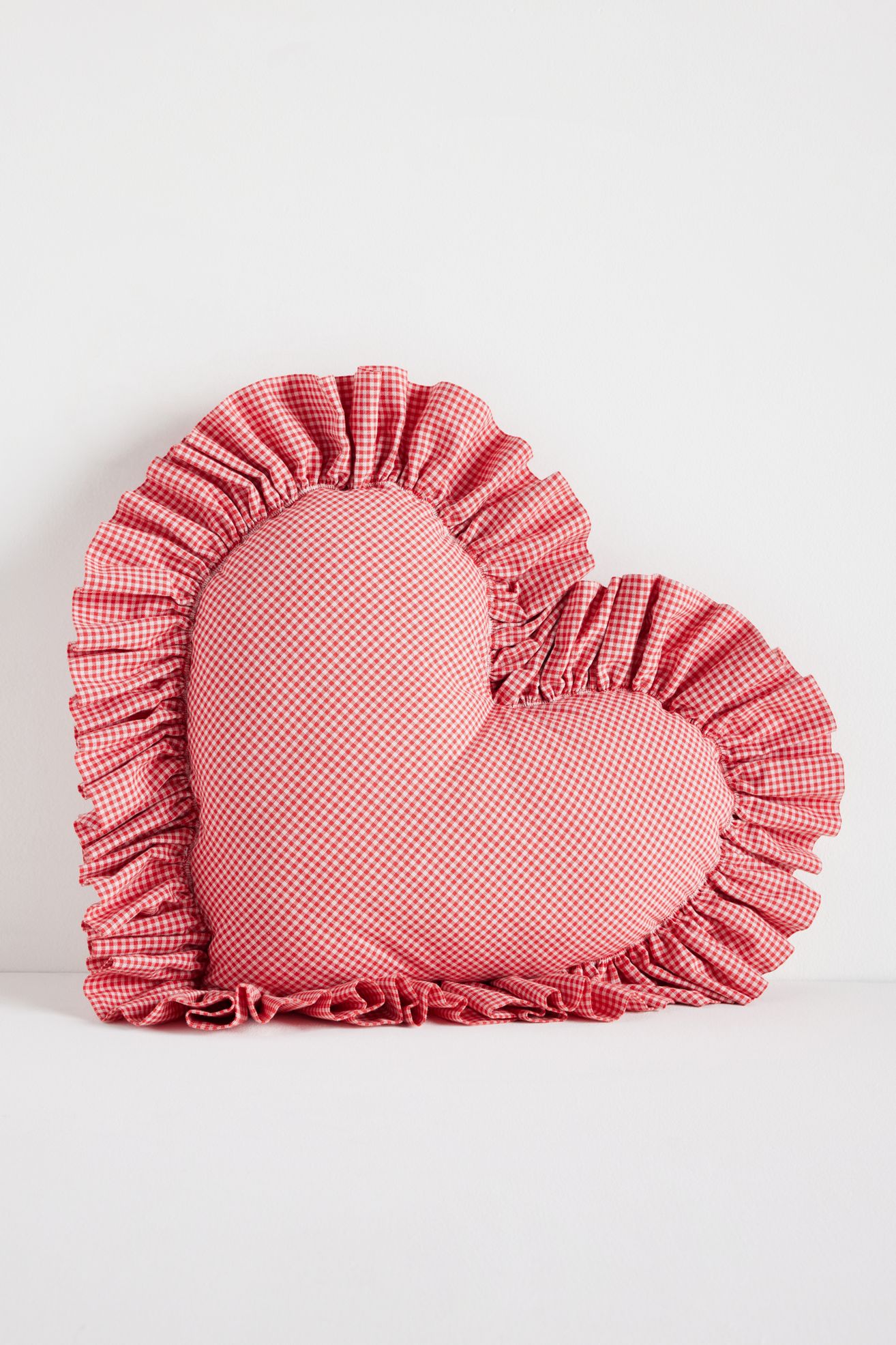 Gingham Cotton Ruffle Heart Pillow - Red, Standard, Shaped