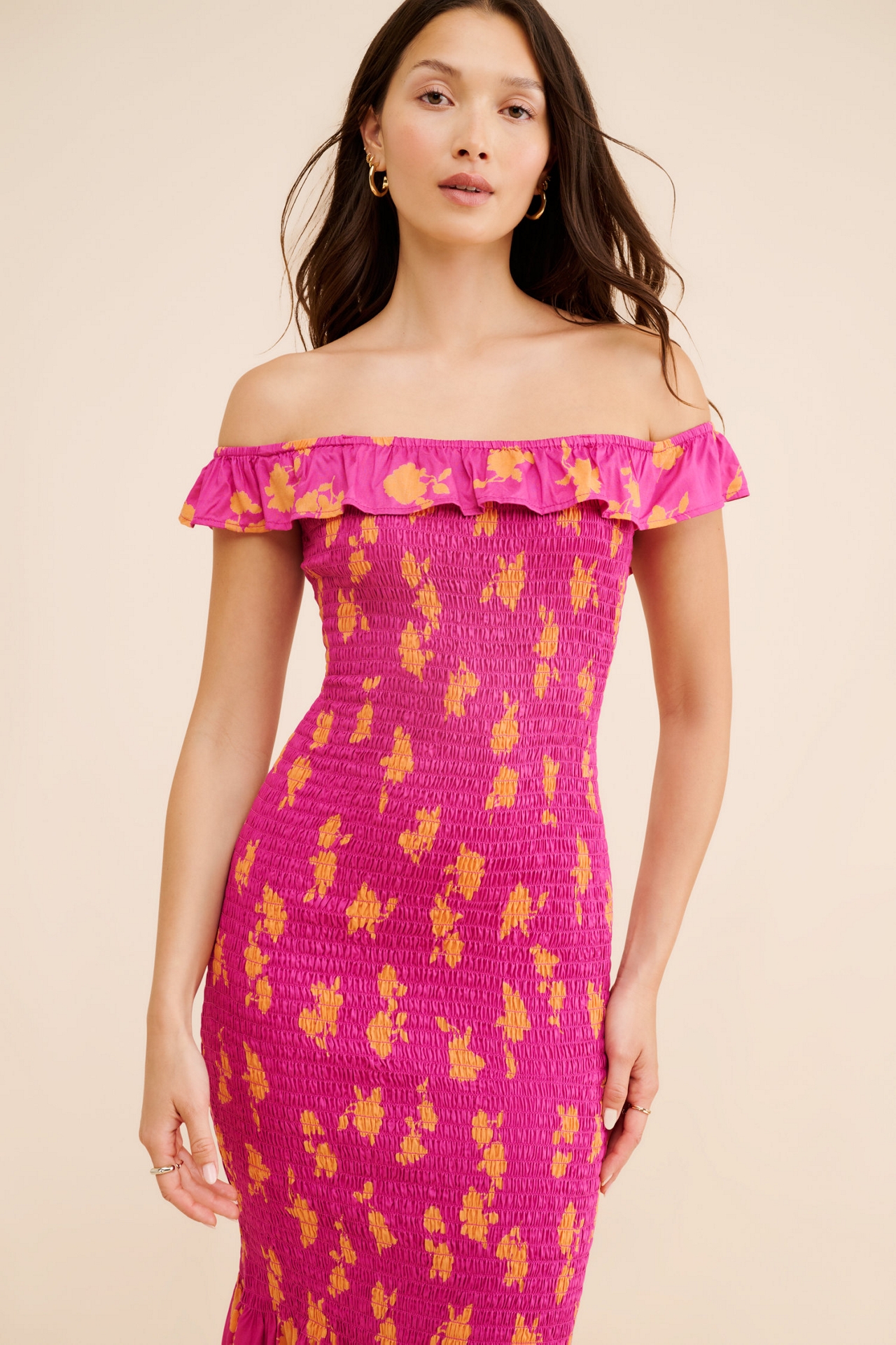 Smocked Off-The-Shoulder Midi Dress