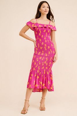 Smocked Off-The-Shoulder Midi Dress
