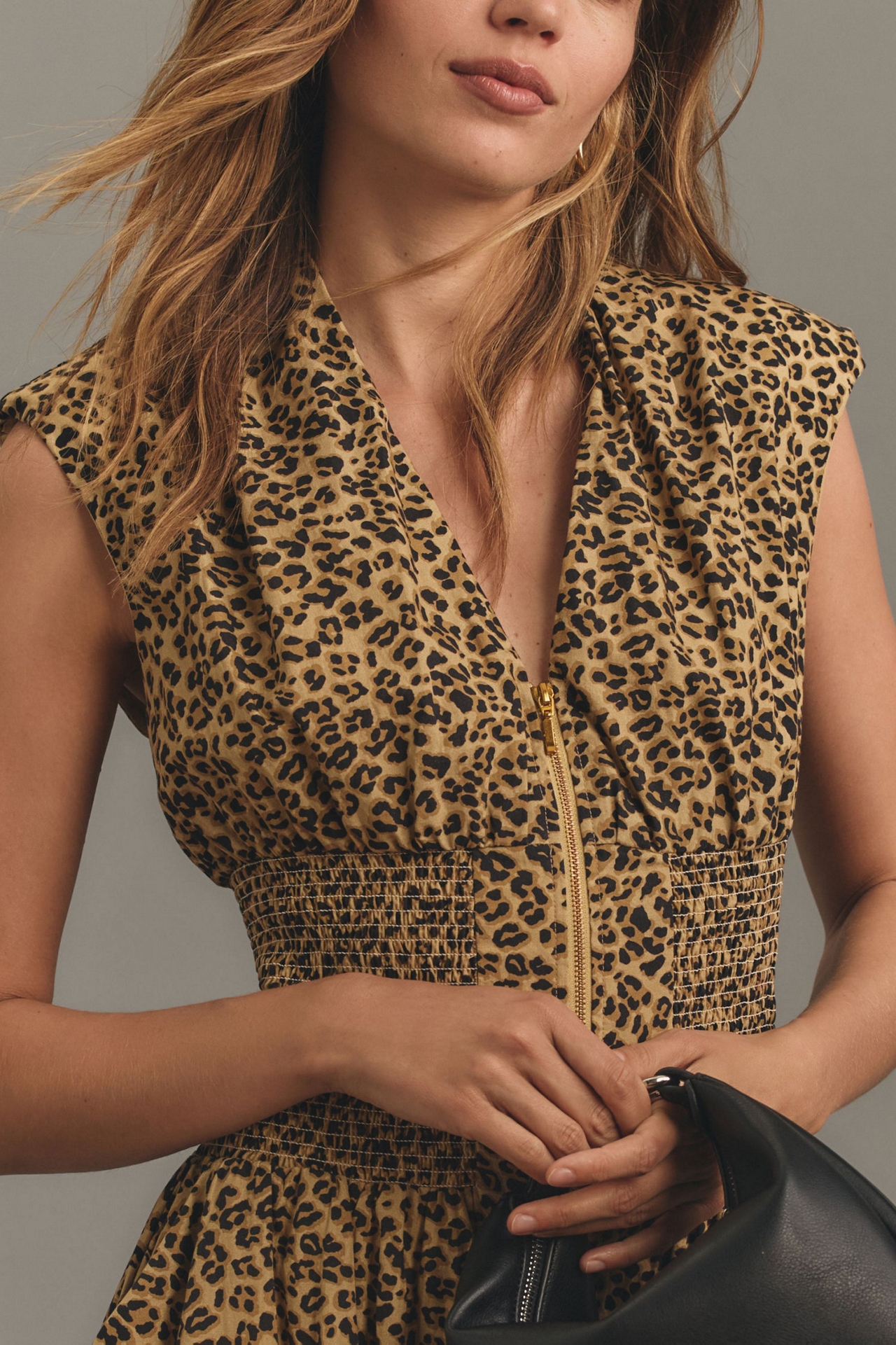 Maeve The Tommie Cap-Sleeve Smocked Front-Zip Shirt Dress