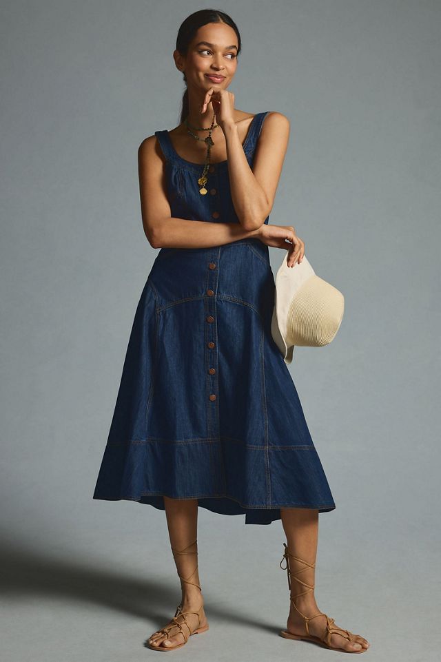 Button-Front Denim Pinafore Dress #4