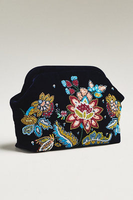 By Anthropologie Beaded Floral Velvet Clutch In Black