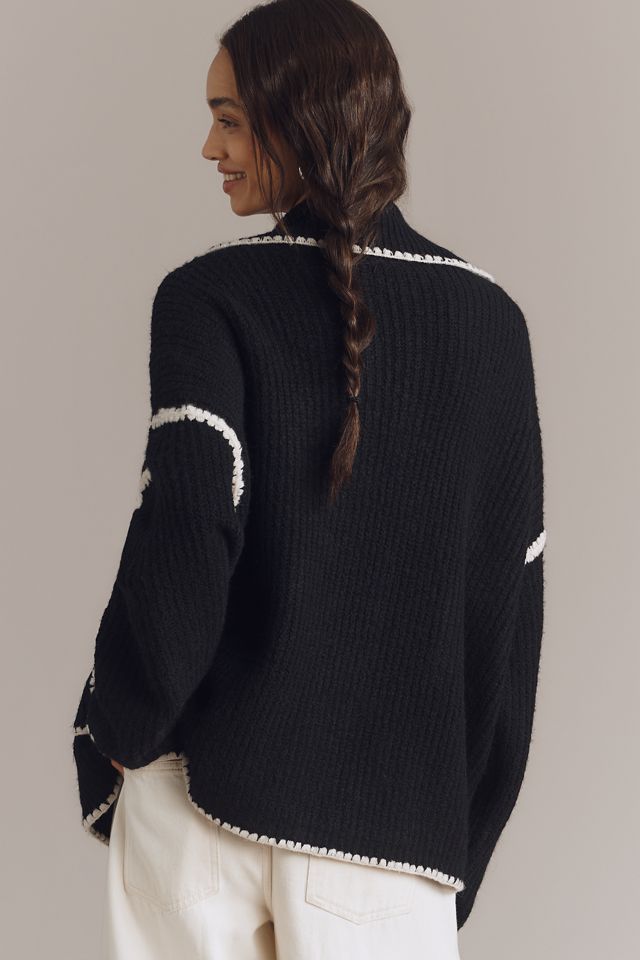 Flat White Collared Whipstitch Cardigan Sweater #1