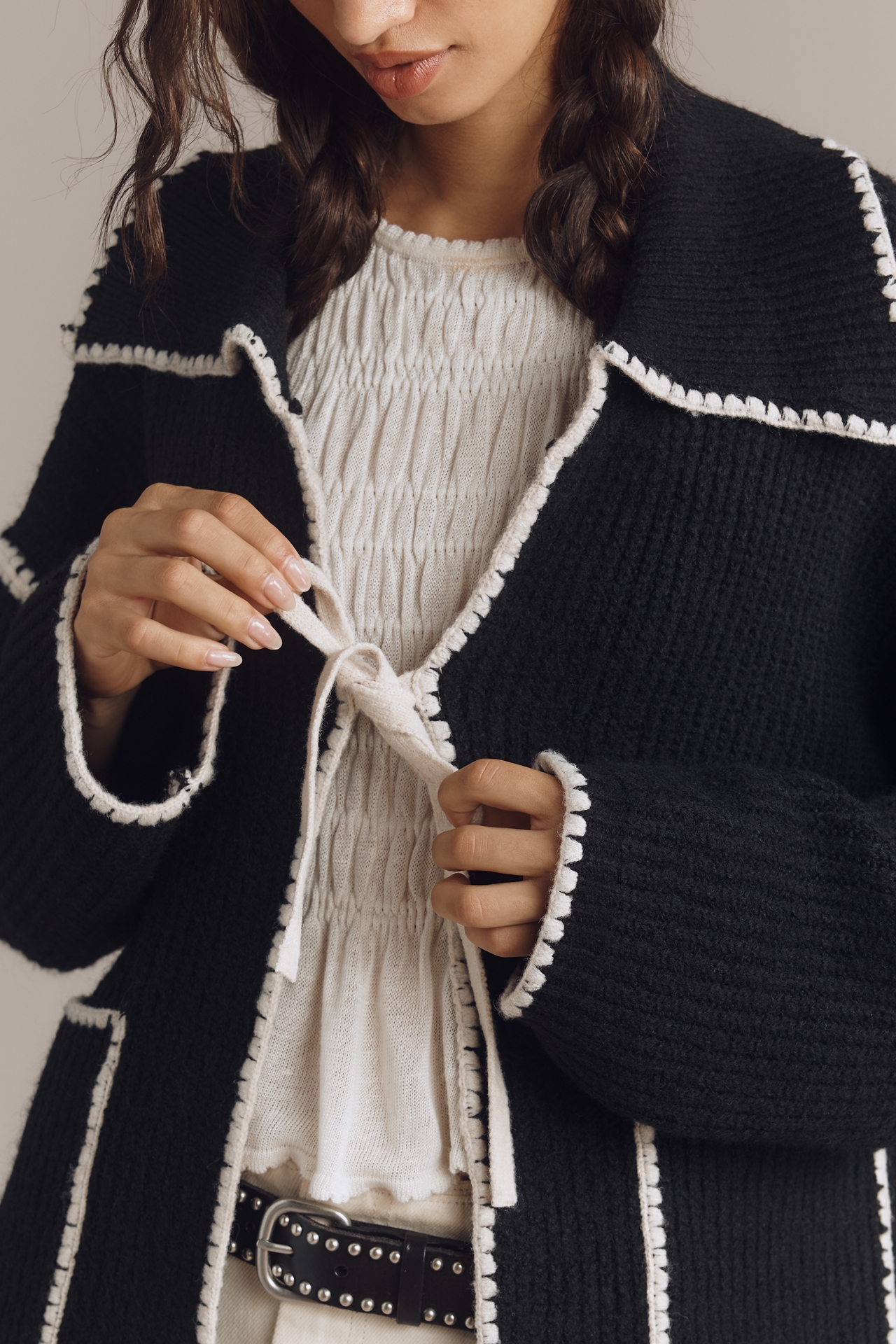 Flat White Collared Whipstitch Cardigan Sweater