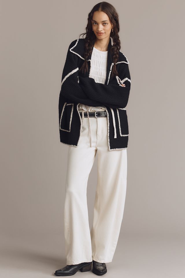 Flat White Collared Whipstitch Cardigan Sweater #3