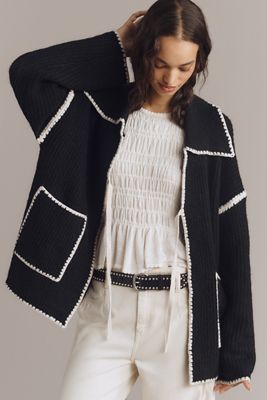 Flat White Collared Whipstitch Cardigan Sweater