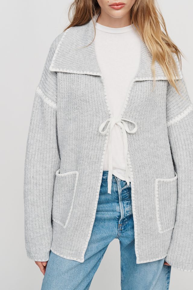 Flat White Collared Whipstitch Cardigan Sweater #1