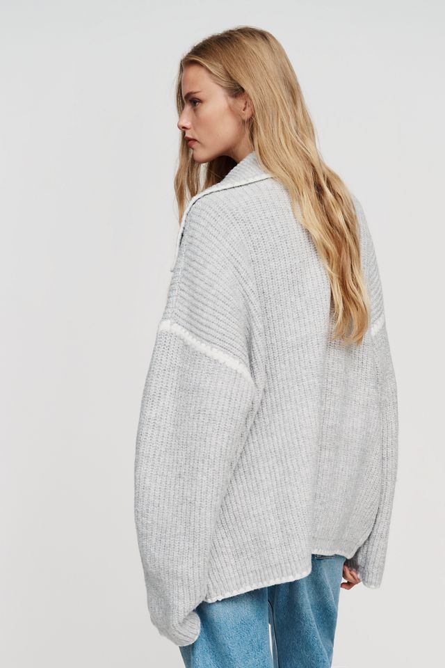 Flat White Collared Whipstitch Cardigan Sweater #2
