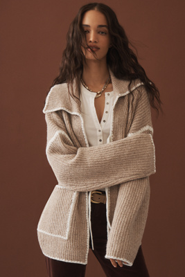 Flat White Collared Whipstitch Cardigan Sweater In Neutral