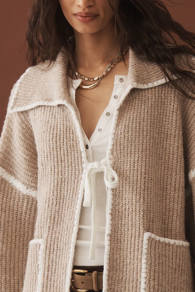 Flat White Collared Whipstitch Cardigan #3