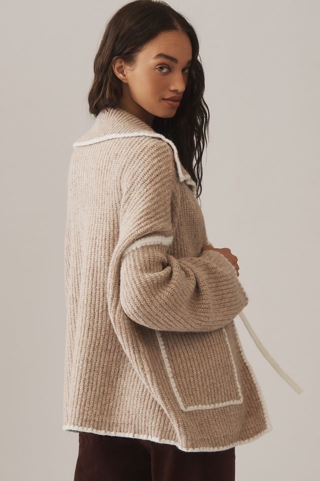 Flat White Collared Whipstitch Cardigan #1