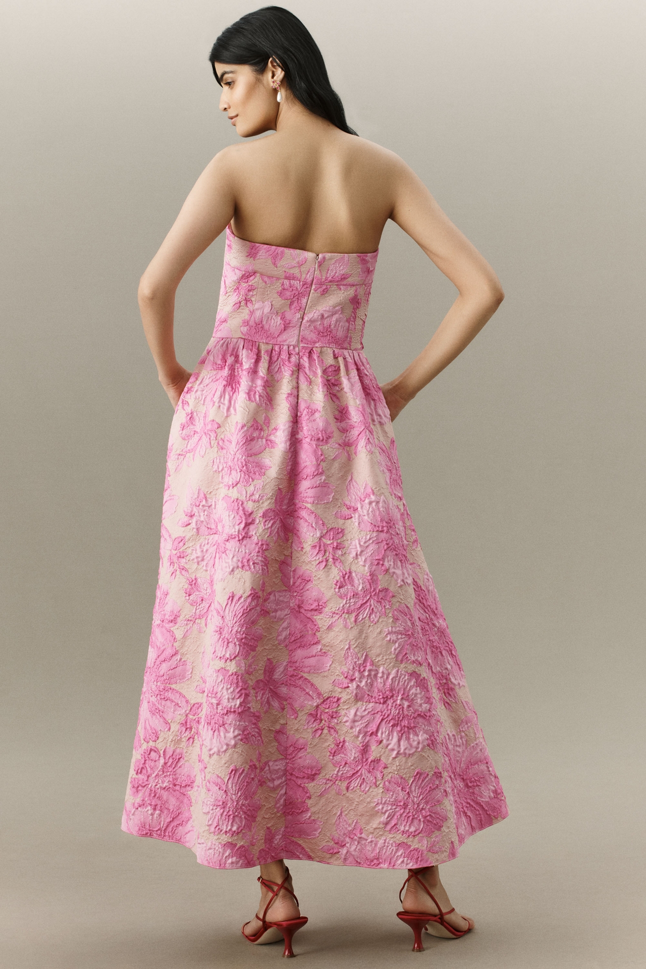 Shoshanna Dana Strapless Jacquard Midi Dress