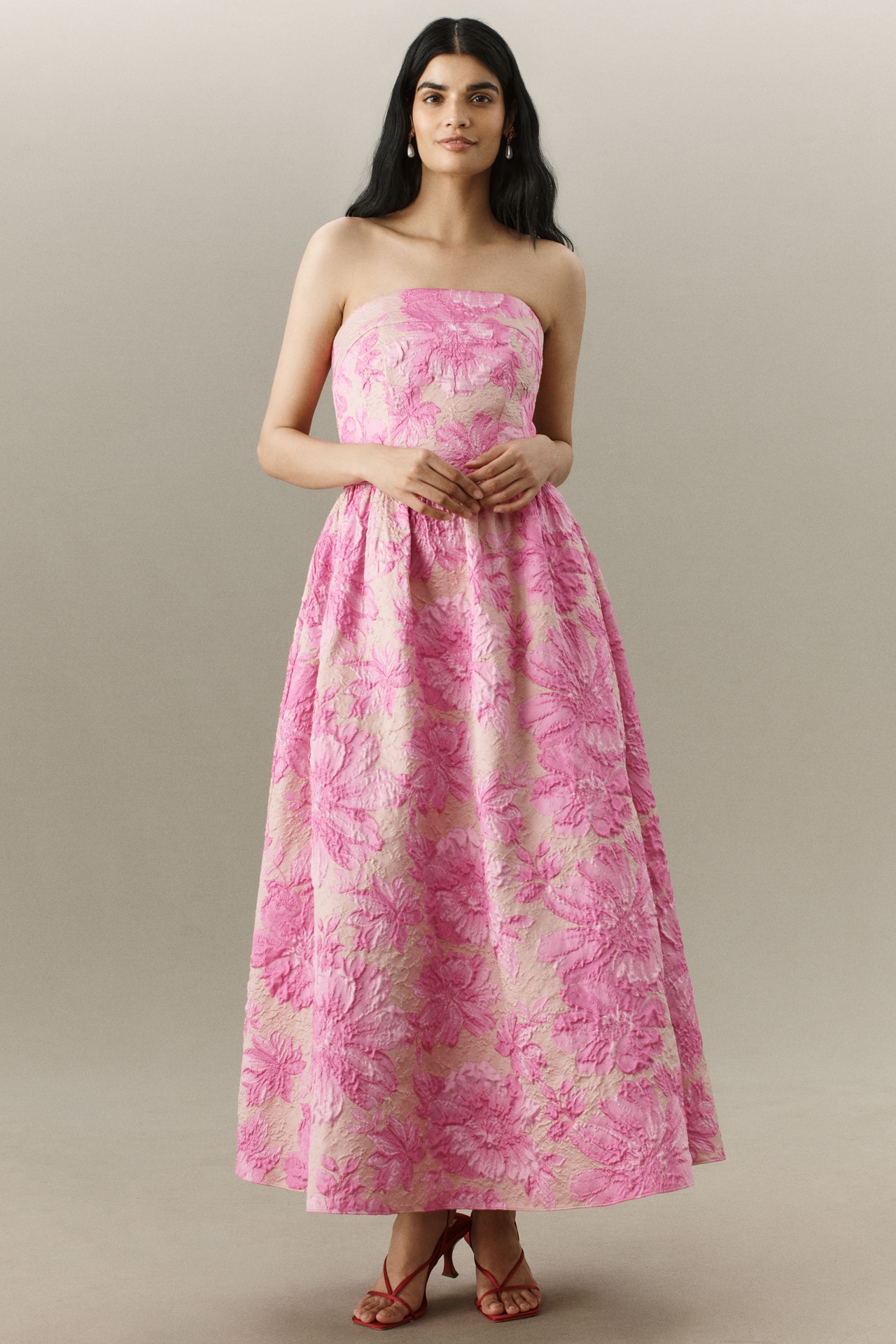 Shoshanna Dana Strapless Jacquard Midi Dress