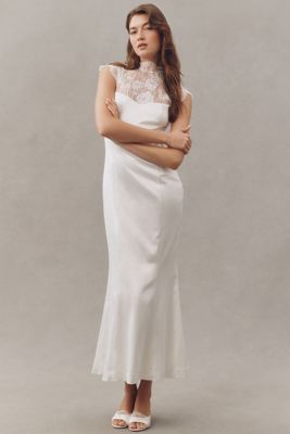 BHLDN Cap-Sleeve Lace Satin Maxi Dress