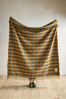 The Tartan Blanket Co. Sage Gingham Recycled Wool Throw In Yellow