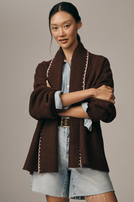Flat White Mariel Longline Cardigan: Dog Icon Edition In Brown
