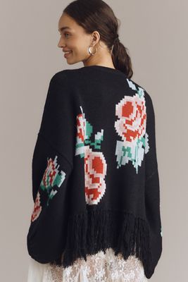 Bel Kazan Fringed Floral Cardigan Sweater