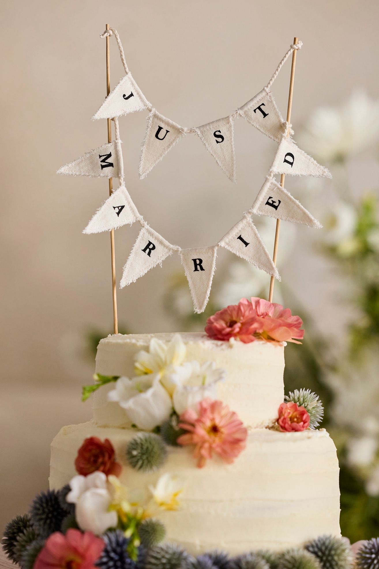 Just Married Pennant Cake Topper - Natural, 8"