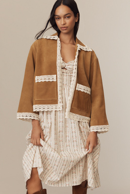 By Anthropologie Suede Boxy Open-front Top Jacket In Sand