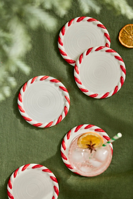 Terrain Candy Cane Ceramic Coasters, Set Of 4 In White