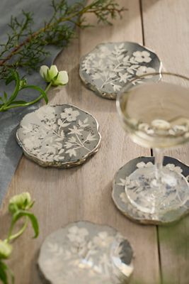 Terrain Etched Floral Mirror Coasters, Set of 4